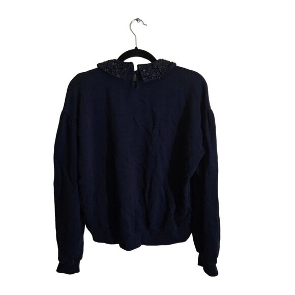J.Crew Navy Crewneck Sweatshirt Crystal Sequin Embellished Collar Collar Size M - Picture 3 of 8